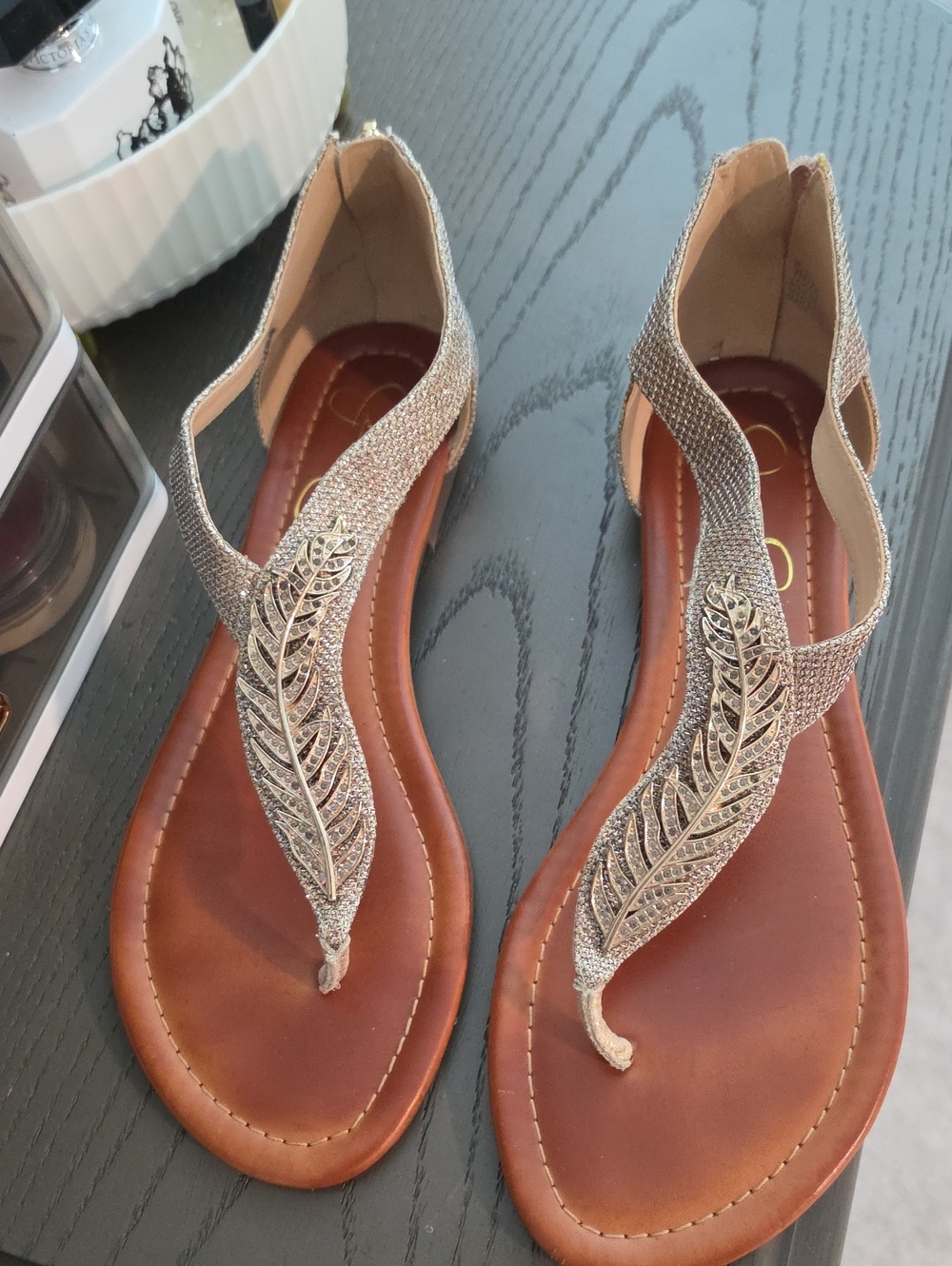 Jessica Simpson Gold Feather T-Strap Sandals